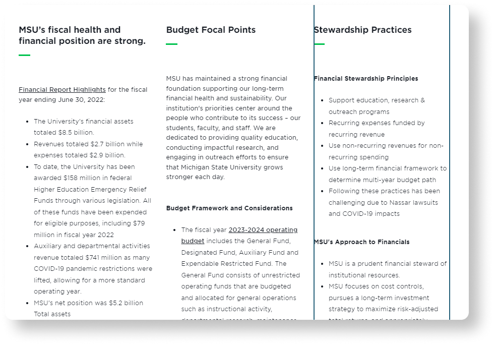 Financial Strategy page original design with three long and narrow columns