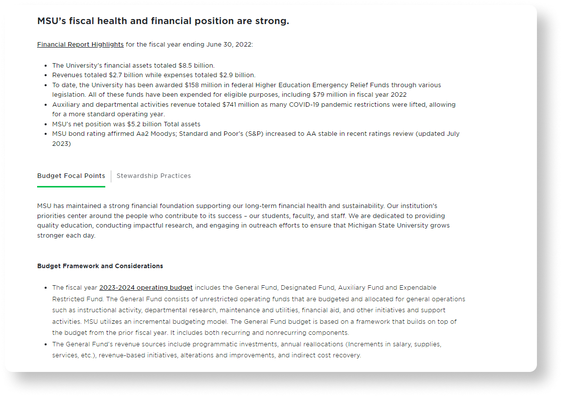 Our redesign of the Financial Strategy page with a tab component implemented to toggle between information