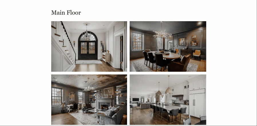 Gallery page divided by floor and room with each room clicking to open a lightbox slideshow