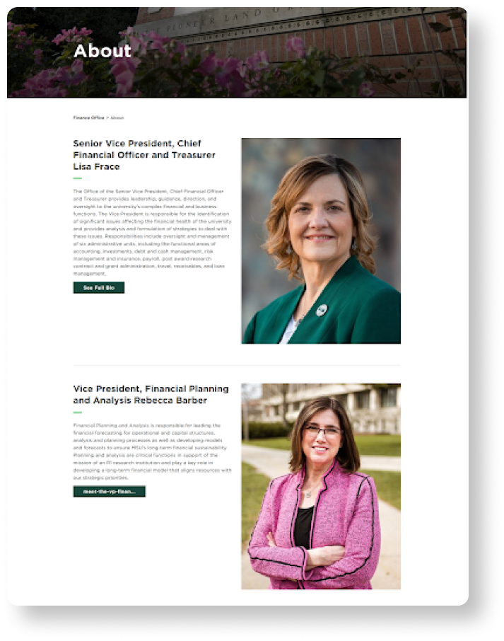 About page with information and headshots for the Vice presidents of MSU Finance