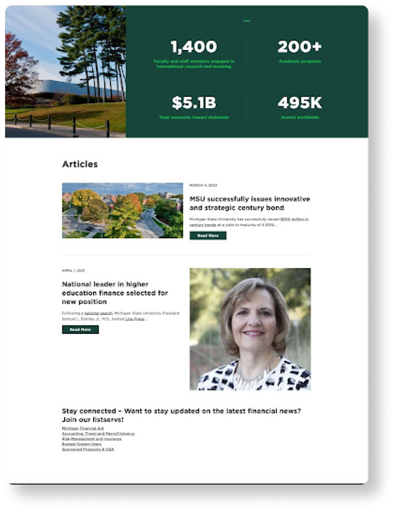 Home page section showing facts about MSU Finance and articles to view 