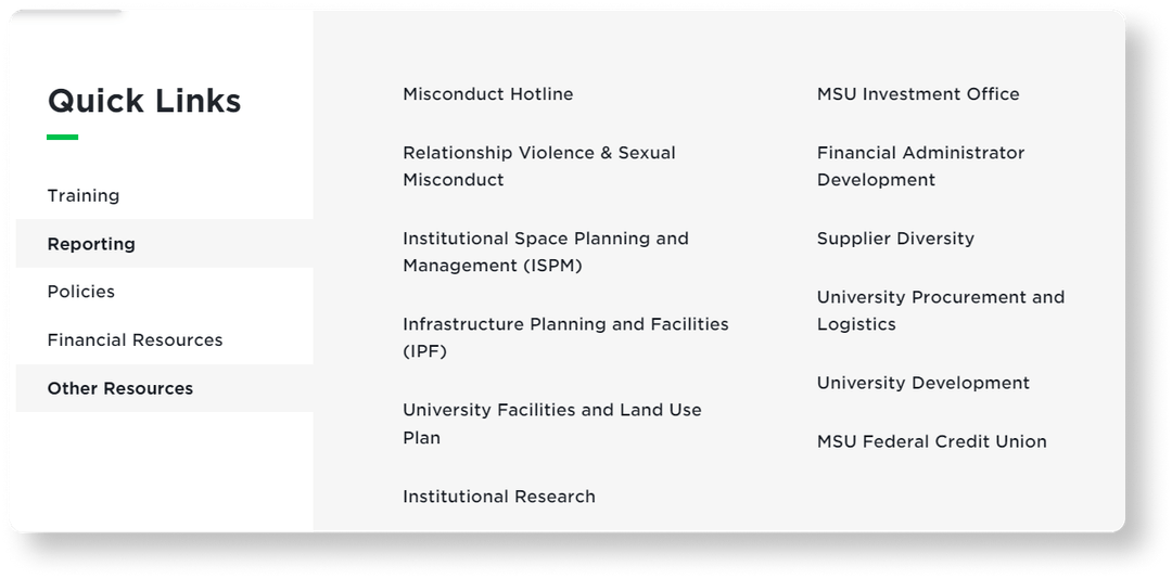 Resources page with quick links arranged in a side tab component