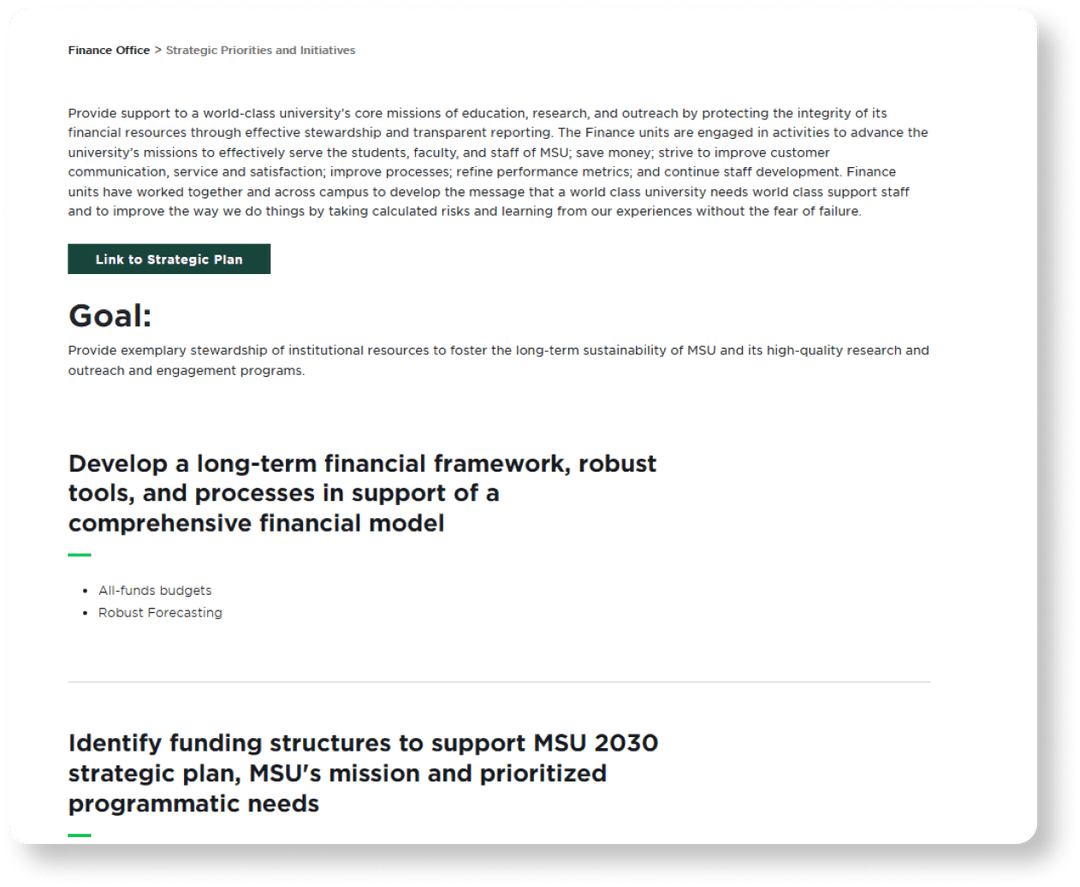 Strategic Priorities & Initiatives page with brief intro text, a link to the strategic plan, and goals organized with clear hierarchy